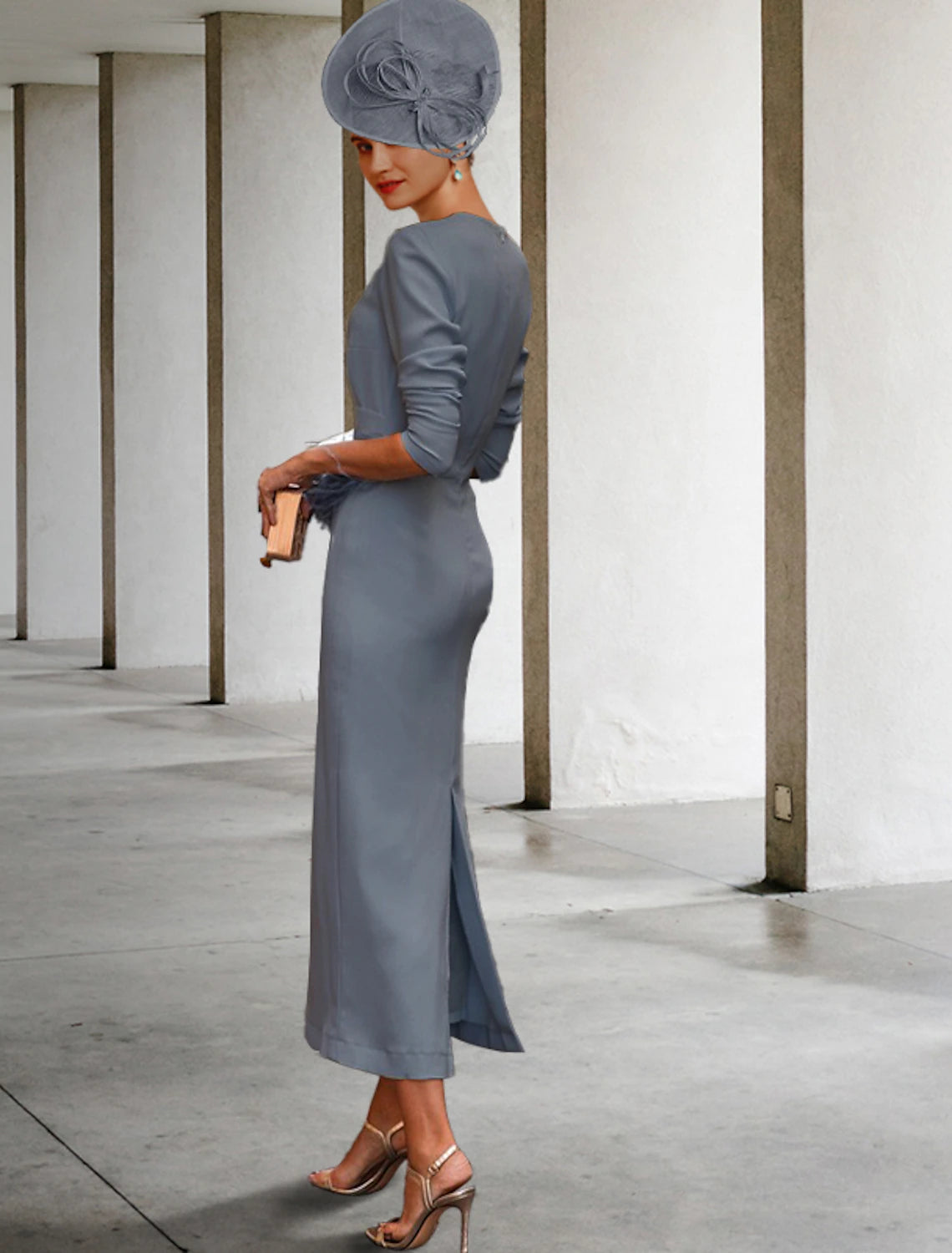 Wholesale  Sheath / Column Mother of the Bride Dress Vintage Elegant Jewel Neck Ankle Length Stretch Fabric Half Sleeve with Feather Sash / Ribbon