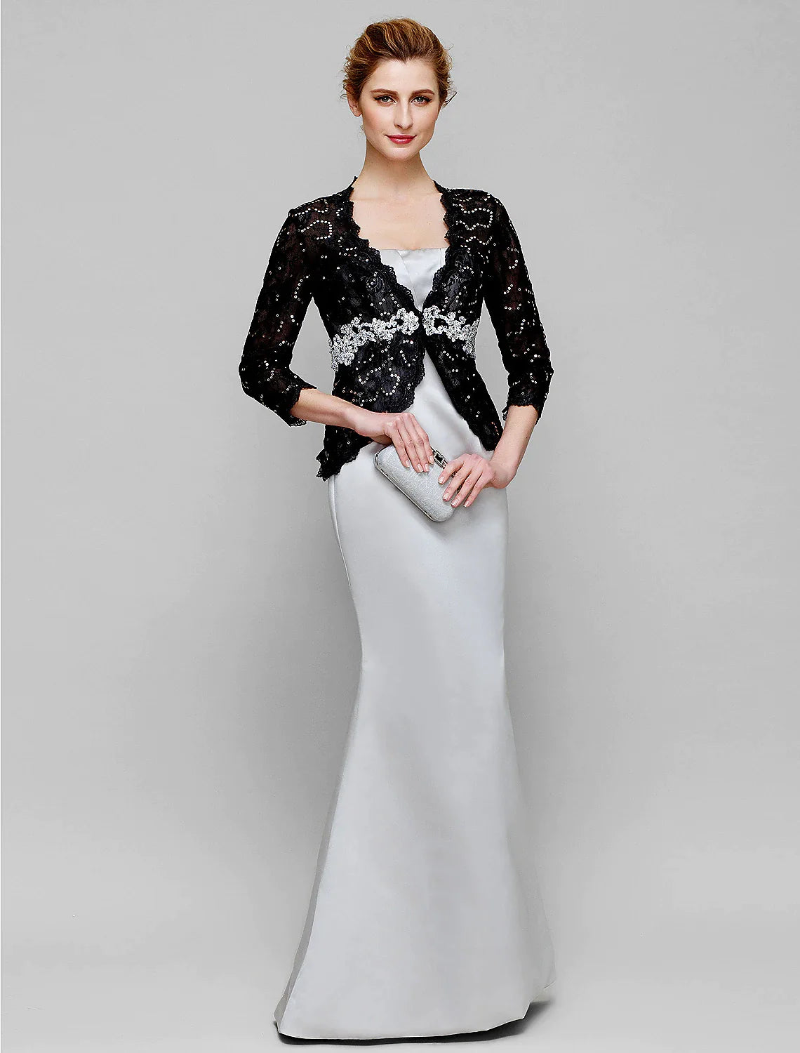 Wholesale Mermaid / Trumpet Mother of the Bride Dress Convertible Dress Strapless Floor Length Satin Lace 3/4 Length Sleeve No with Lace Beading Sequin