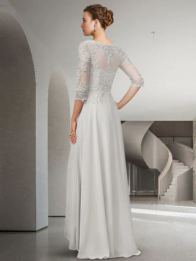 Wholesale A-Line Mother of the Bride Dress Elegant High Low Jewel Neck Sweep / Brush Train Asymmetrical Chiffon Lace 3/4 Length Sleeve with Pleats Appliques