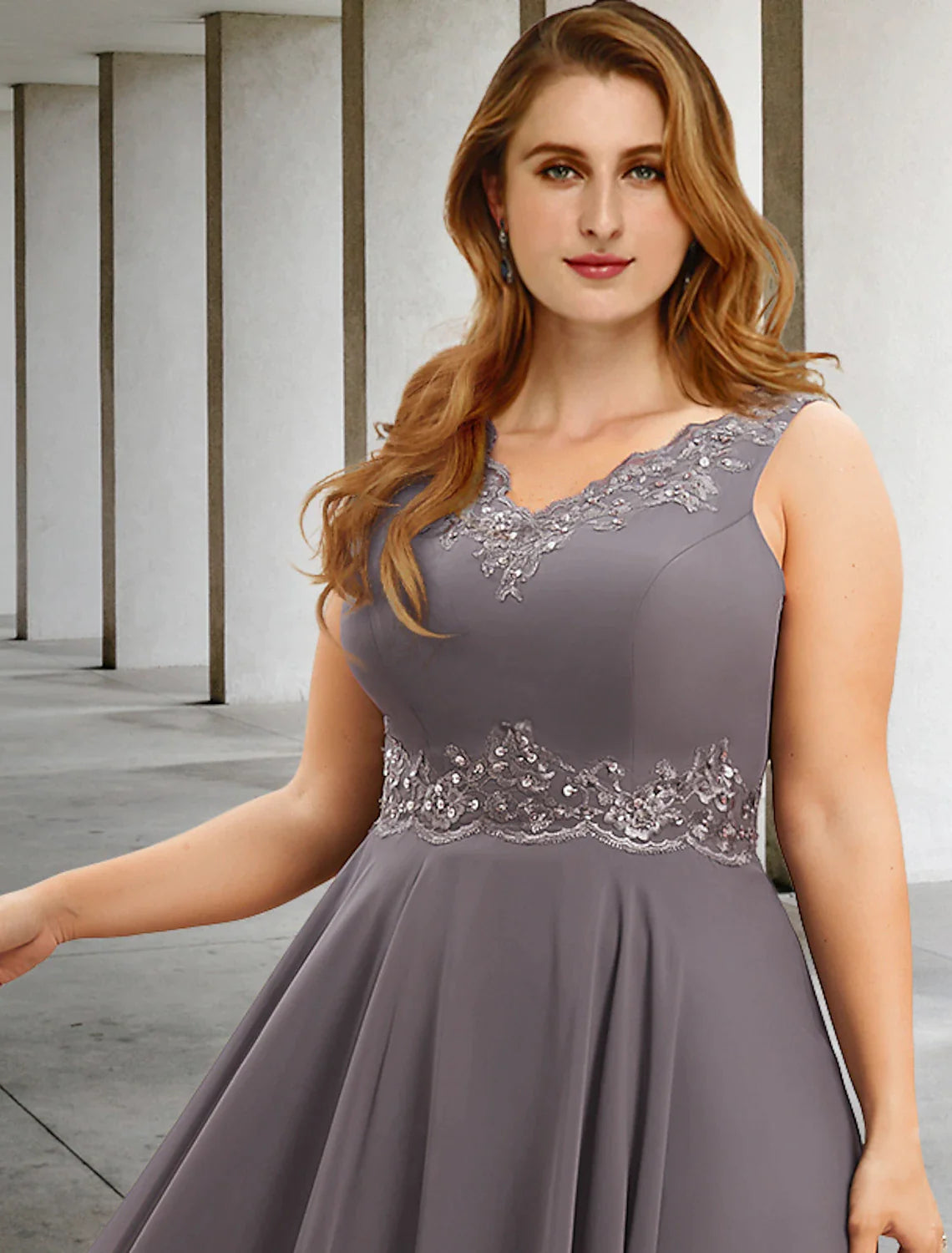 Wholesale Two Piece A-Line Wedding Guest Dresses Plus Size Hide Belly Elegant Dress Formal Tea Length Sleeveless V Neck Chiffon with Appliques