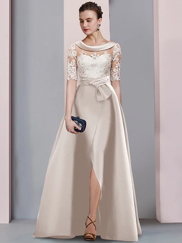 Wholesale A-Line Mother of the Bride Dress Wedding Guest Elegant Scoop Neck Floor Length Satin Lace Half Sleeve with Bow(s) Appliques Split Front