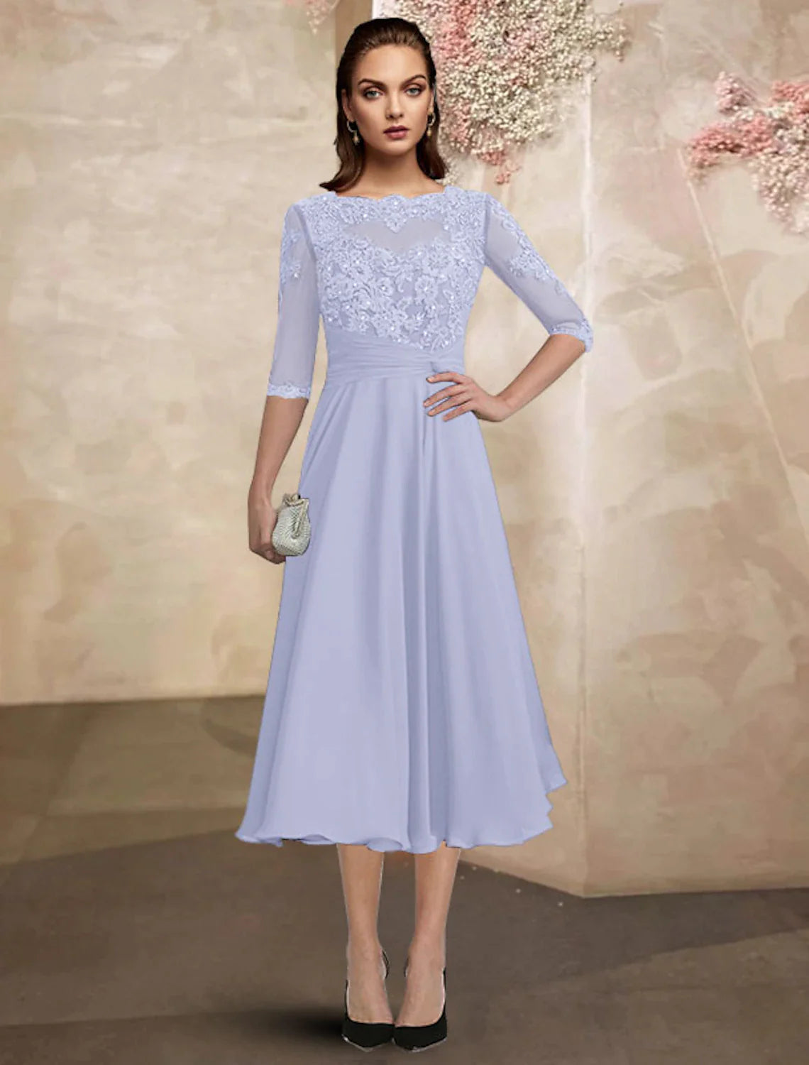 Wholesale A-Line Mother of the Bride Dress Wedding Guest Plus Size Elegant Jewel Neck Tea Length Chiffon Lace Half Sleeve with Ruched Beading Appliques Fall