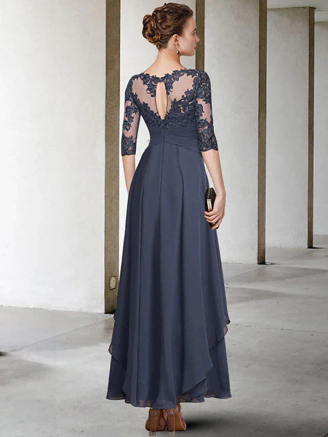 Wholesale A-Line Mother of the Bride Dress Elegant Jewel Neck Ankle Length Chiffon Lace Short Sleeve with Ruched Appliques