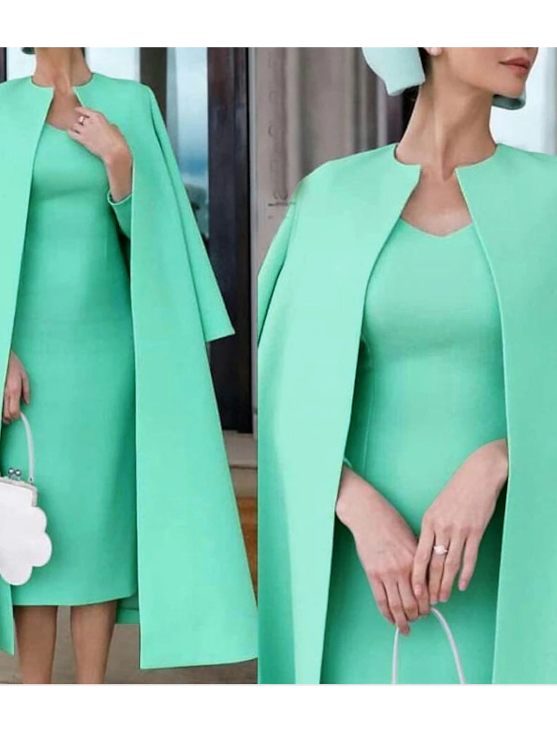 Wholesale Two Piece Sheath / Column Mother of the Bride Dress Fall Wedding Guest Dresses Church Elegant Jewel Neck Knee Length Stretch Fabric Half Sleeve Jacket Dresses with Solid Color