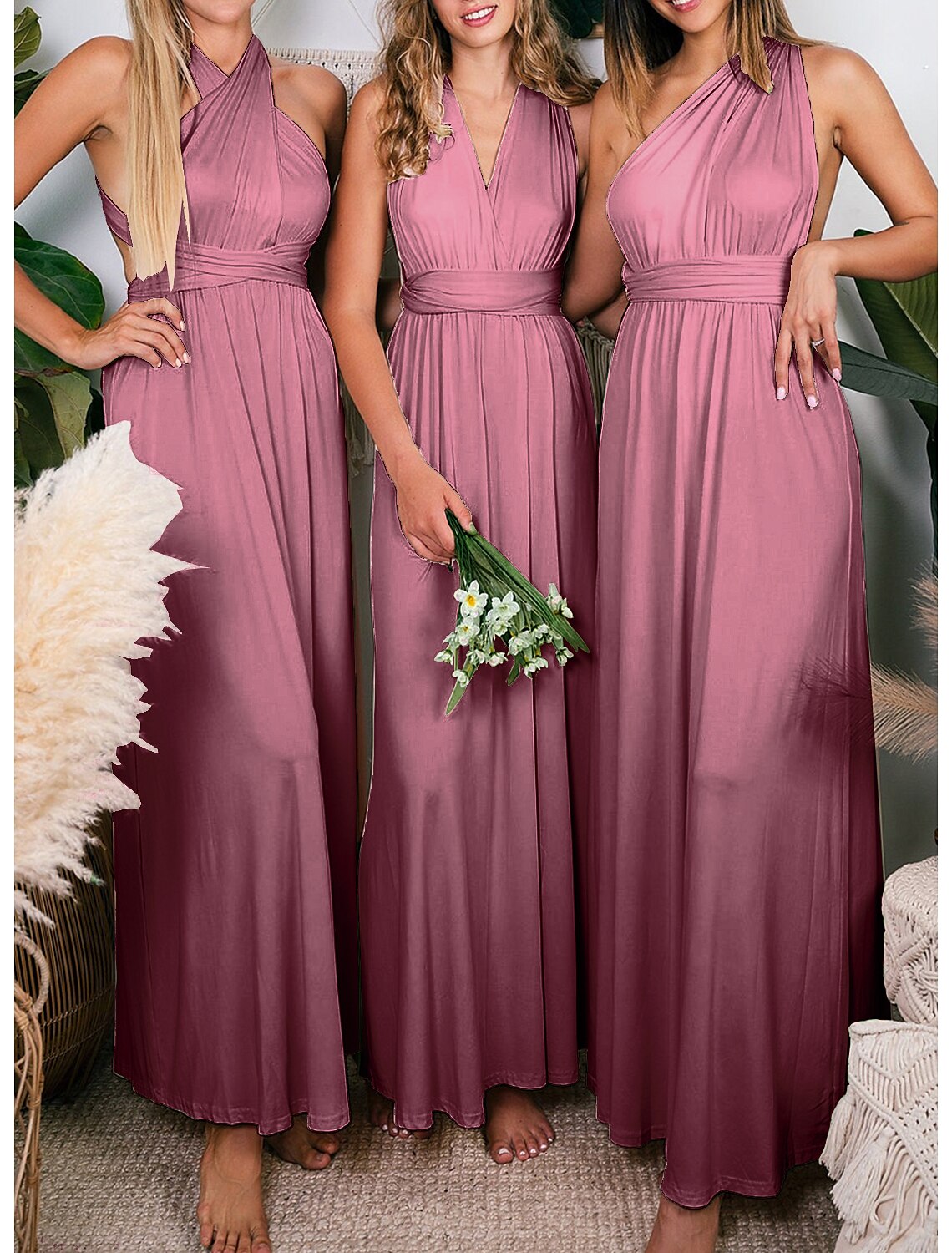 Wholesale Sheath / Column Bridesmaid Dress Halter Sleeveless Convertible Ankle Length Spandex with Pleats / Solid Color