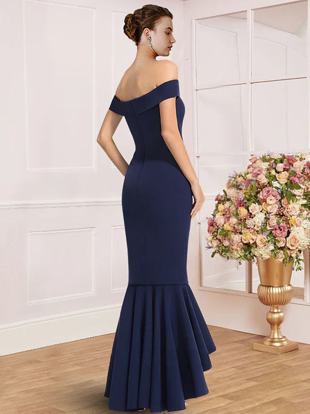 Wholesale Sheath / Column Mother of the Bride Dress Wedding Guest Party Elegant Off Shoulder Asymmetrical Stretch Fabric Cap Sleeve with Pleats Solid Color