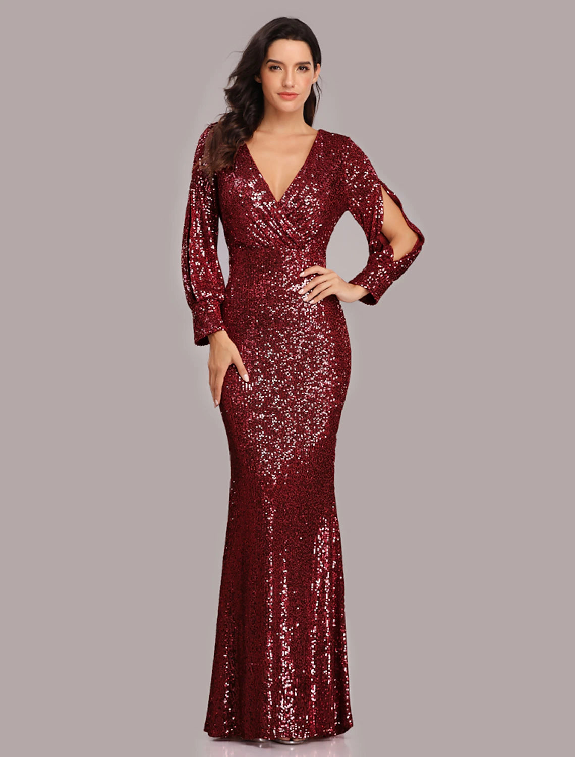 Wholesale  Mermaid / Trumpet Evening Gown Sparkle Dress Party Wear Wedding Guest Floor Length Long Sleeve V Neck Sequined with Sequin