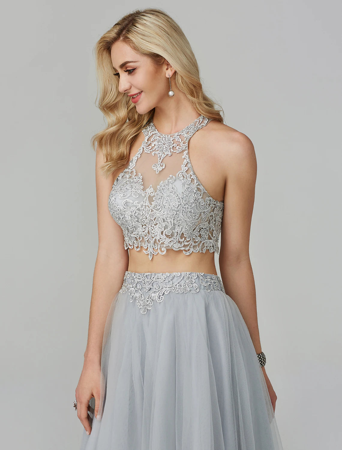 Wholesale  Two Piece Empire Prom Formal Evening Dress Halter Neck Sleeveless Floor Length Lace with Appliques