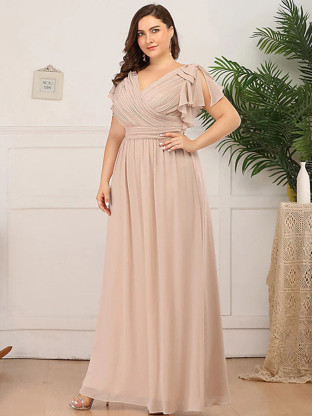 Wholesale A-Line Mother of the Bride Dress Plus Size V Neck Floor Length Chiffon Short Sleeve with Ruffles Ruching