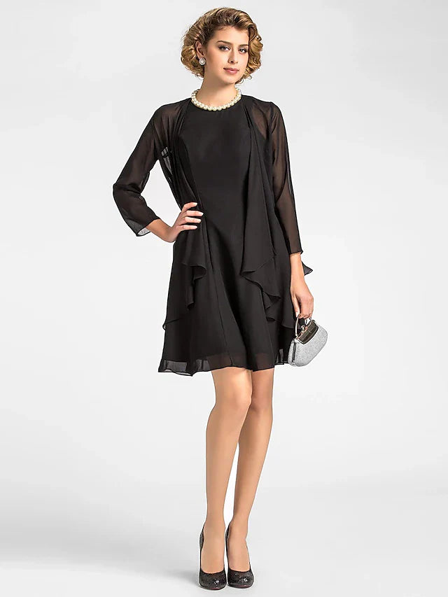 Wholesale A-Line Mother of the Bride Dress Wrap Included Jewel Neck Knee Length Chiffon 3/4 Length Sleeve with Draping