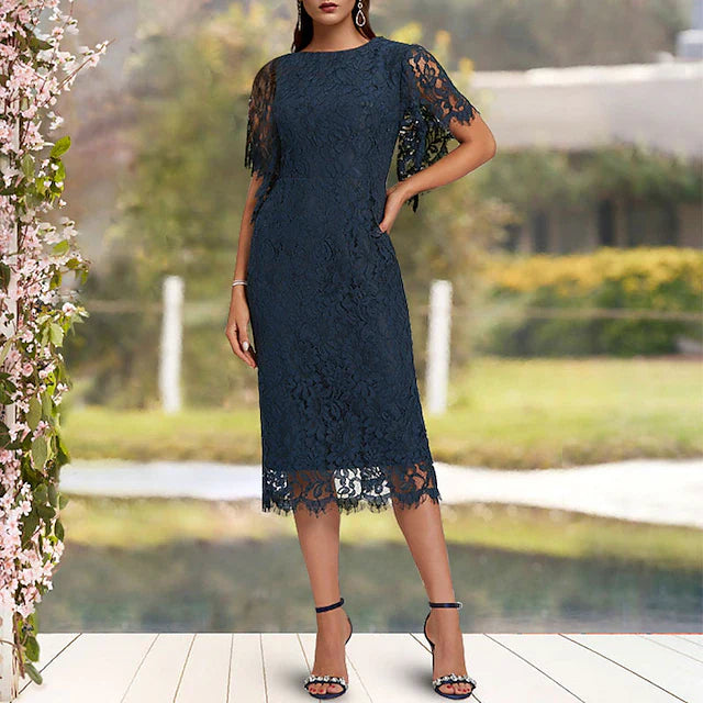 Wholesale Sheath / Column Mother of the Bride Dress Wedding Guest Elegant Jewel Neck Tea Length Lace Short Sleeve with Solid Color