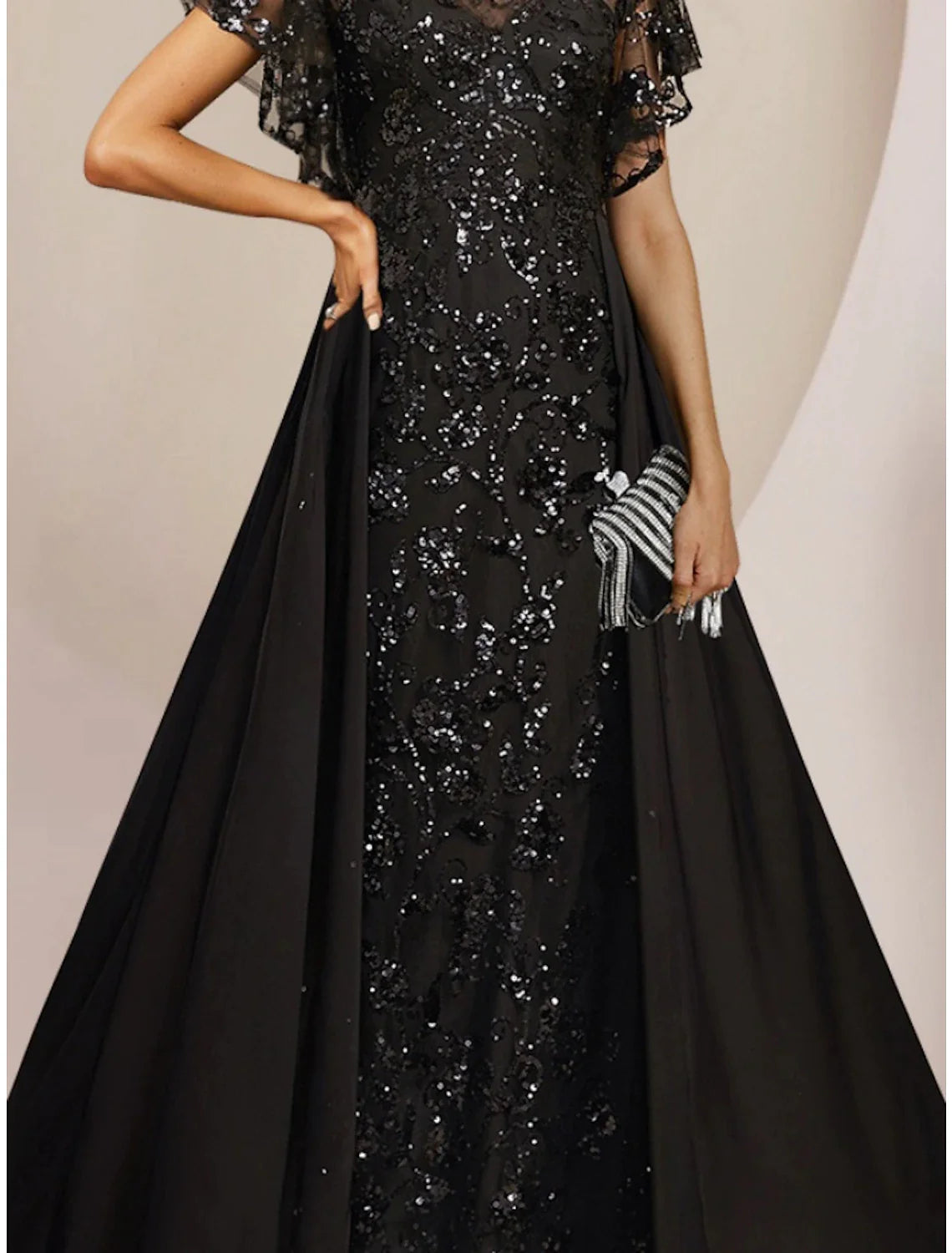 Wholesale A-Line Mother of the Bride Dress Wedding Guest Elegant Scoop Neck Floor Length Chiffon Lace Sequined Short Sleeve with Sequin Ruching Solid Color