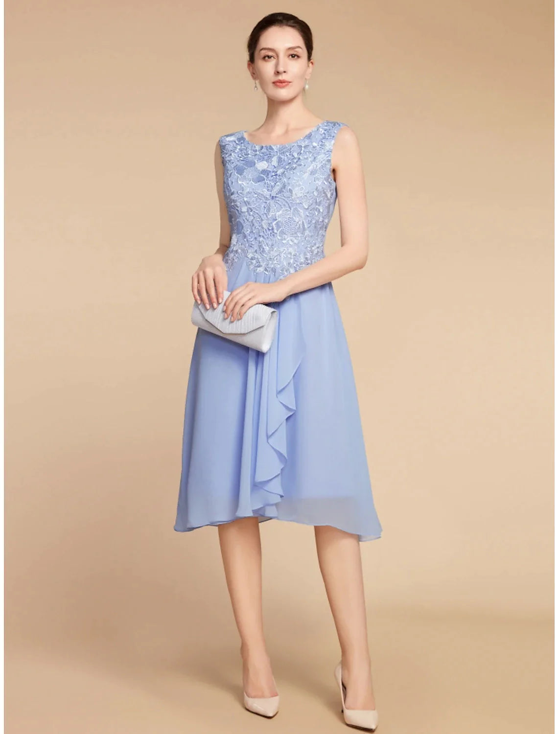 Wholesale Two Piece Sheath / Column Mother of the Bride Dress Wedding Guest Elegant Petite Scoop Neck Knee Length Chiffon Lace Half Sleeve with Ruching Solid Color