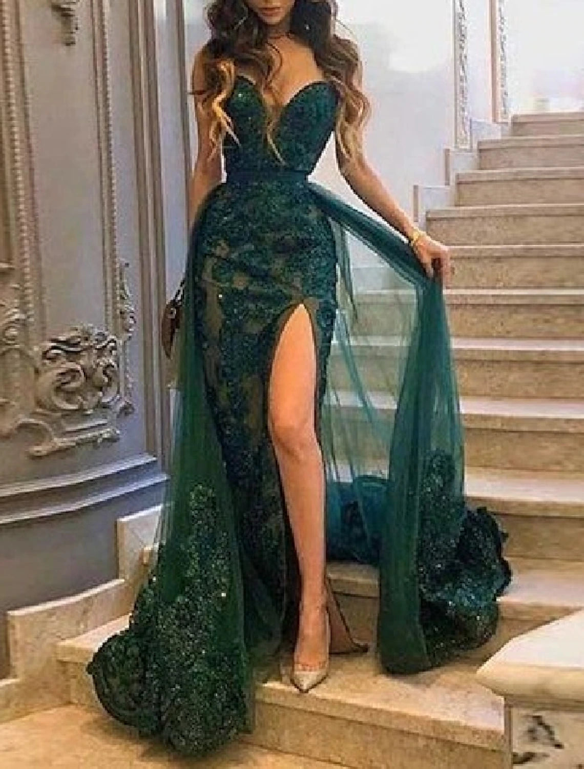 Wholesale Mermaid / Trumpet Prom Dresses Emerald Green Dress Christmas Formal Evening Court Train Sleeveless Strapless Tulle with Slit Appliques