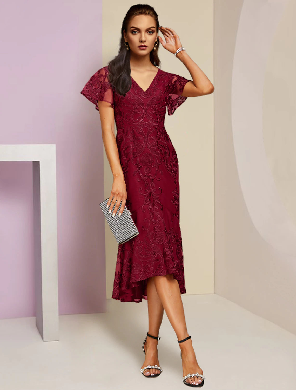 Wholesale  Sheath / Column Mother of the Bride Dress Wedding Guest Party Elegant V Neck Tea Length Lace Short Sleeve with Pleats Solid