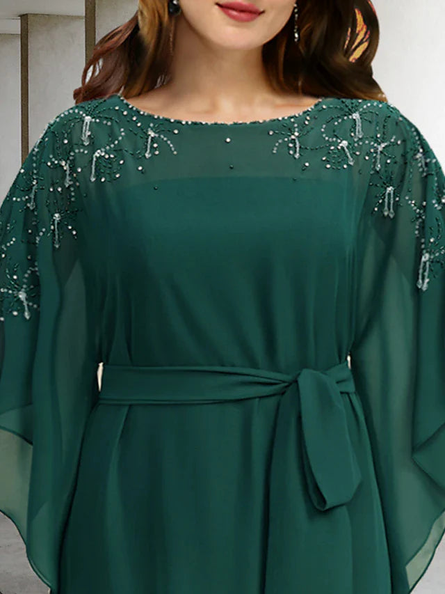 Wholesale A-Line Plus Size Curve Mother of the Bride Dresses Elegant Dress Formal Floor Length Half Sleeve Jewel Neck Chiffon with Beading Strappy