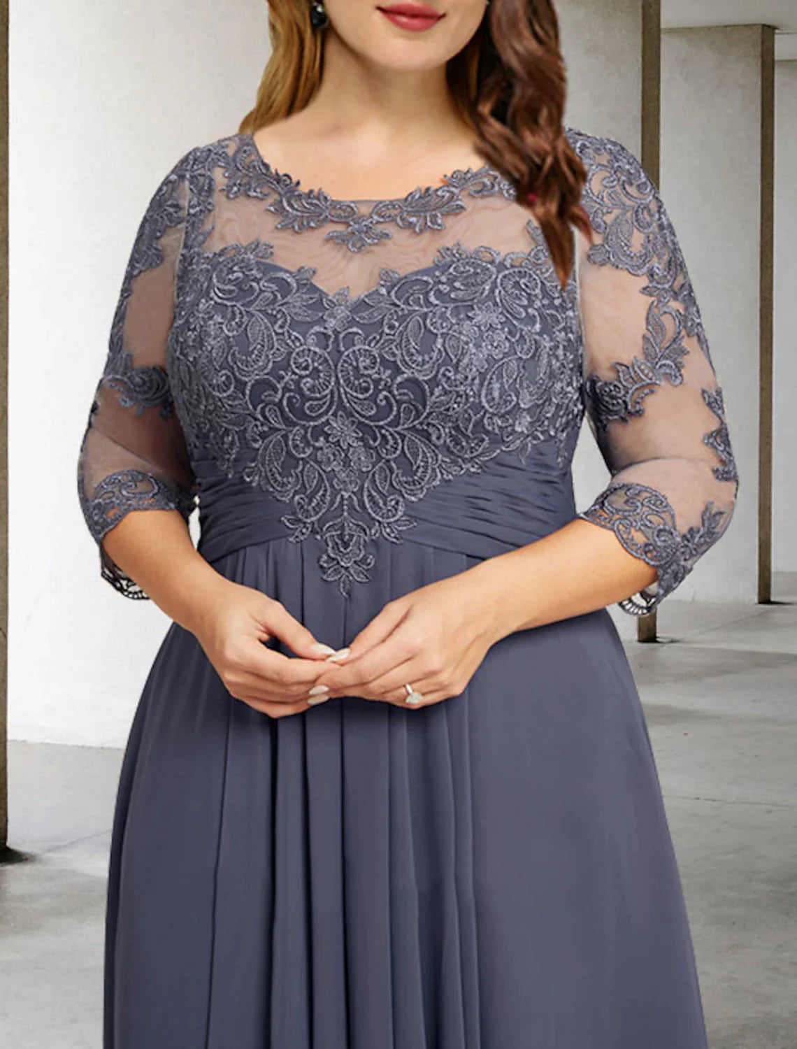 Wholesale A-Line Mother of the Bride Dresses Plus Size Hide Belly Curve Elegant Fall Wedding Guest Dress Formal Asymmetrical 3/4 Length Sleeve Jewel Neck Chiffon with Pleats Ruched Appliques