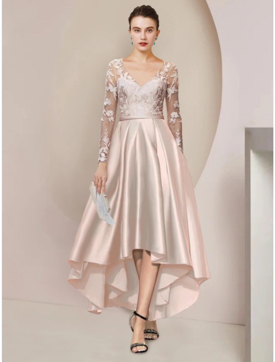 Wholesale  Sheath / Column Mother of the Bride Dress Wedding Guest Party Elegant V Neck Asymmetrical Ankle Length Satin Long Sleeve with Lace Pleats