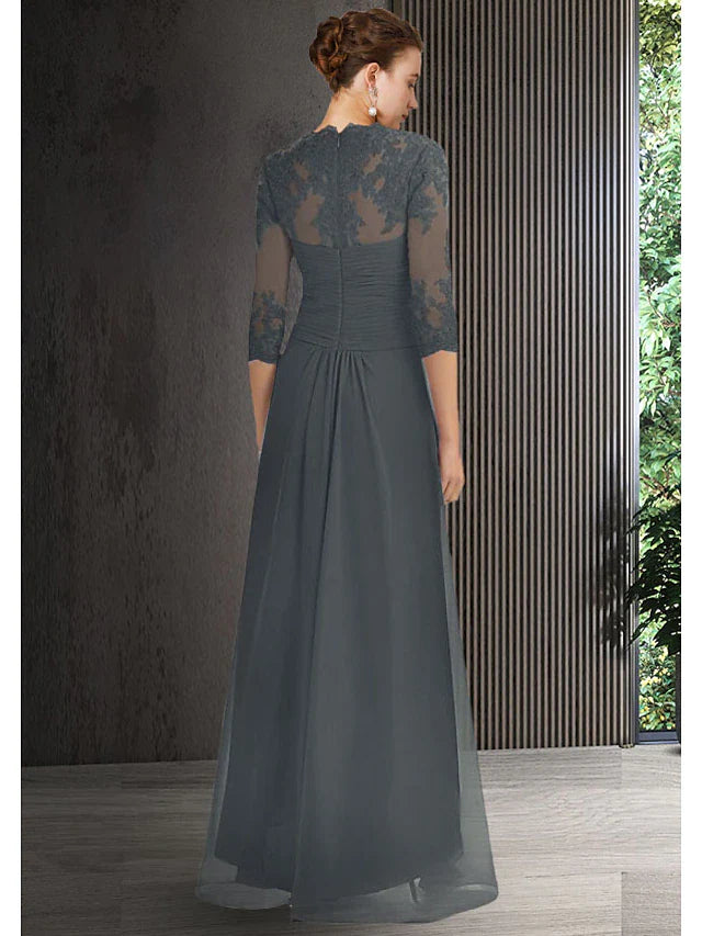 Wholesale Two Piece Sheath / Column Mother of the Bride Dress Elegant High Low Bateau Neck Asymmetrical Chiffon Lace 3/4 Length Sleeve Jacket Dresses with Draping Crystal Brooch