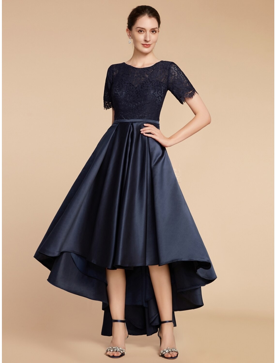 Wholesale A-Line Mother of the Bride Dress Wedding Guest Elegant Jewel Neck Asymmetrical Satin Lace Short Sleeve with Ruching Solid Color