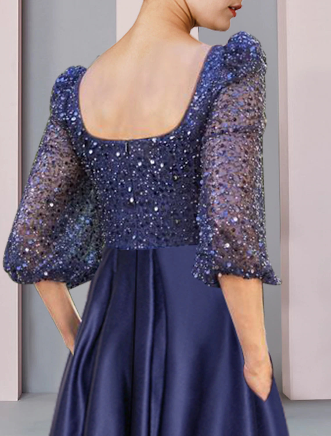 Wholesale  Two Piece Sheath / Column Mother of the Bride Dress Formal Wedding Guest Elegant Sparkle & Shine High Low Square Neck Asymmetrical Tea Length Satin Lace Half Sleeve with Pleats Beading Appliques