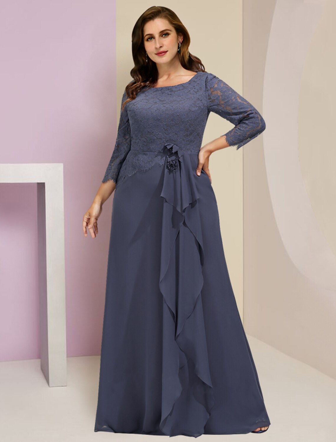 Wholesale  Mother of the Bride Dresses Plus Size Curve Hide Belly Wedding Guest Party Elegant Scoop Neck Floor Length Chiffon Lace 3/4 Length Sleeve with Ruffles Appliques