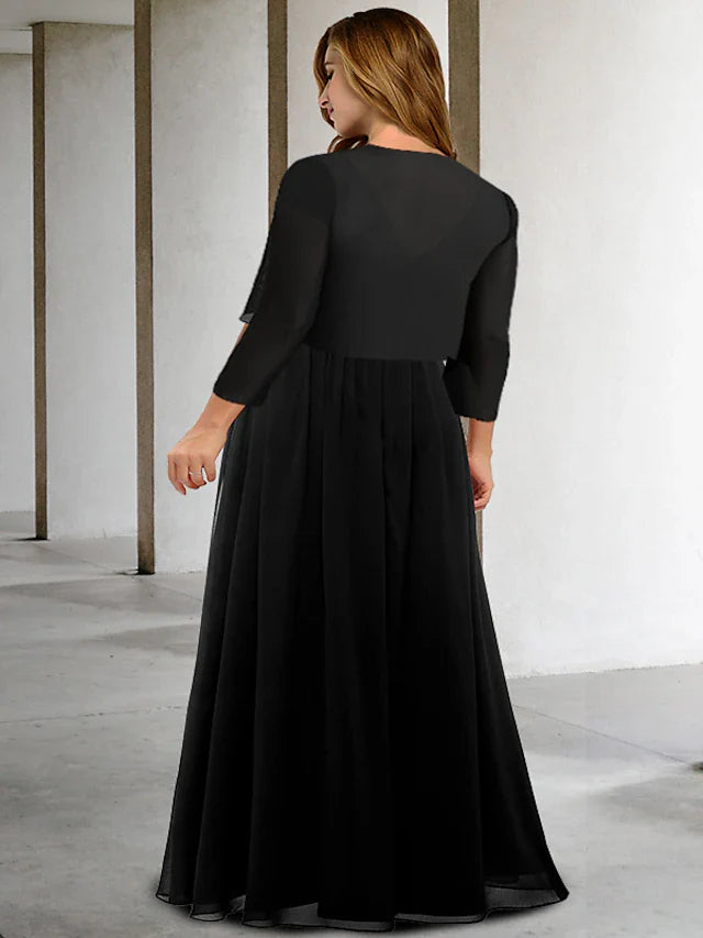 Wholesale Two Piece A-Line Plus Size Curve Mother of the Bride Dresses Elegant Dress Formal Floor Length Short Sleeve V Neck Chiffon with Appliques
