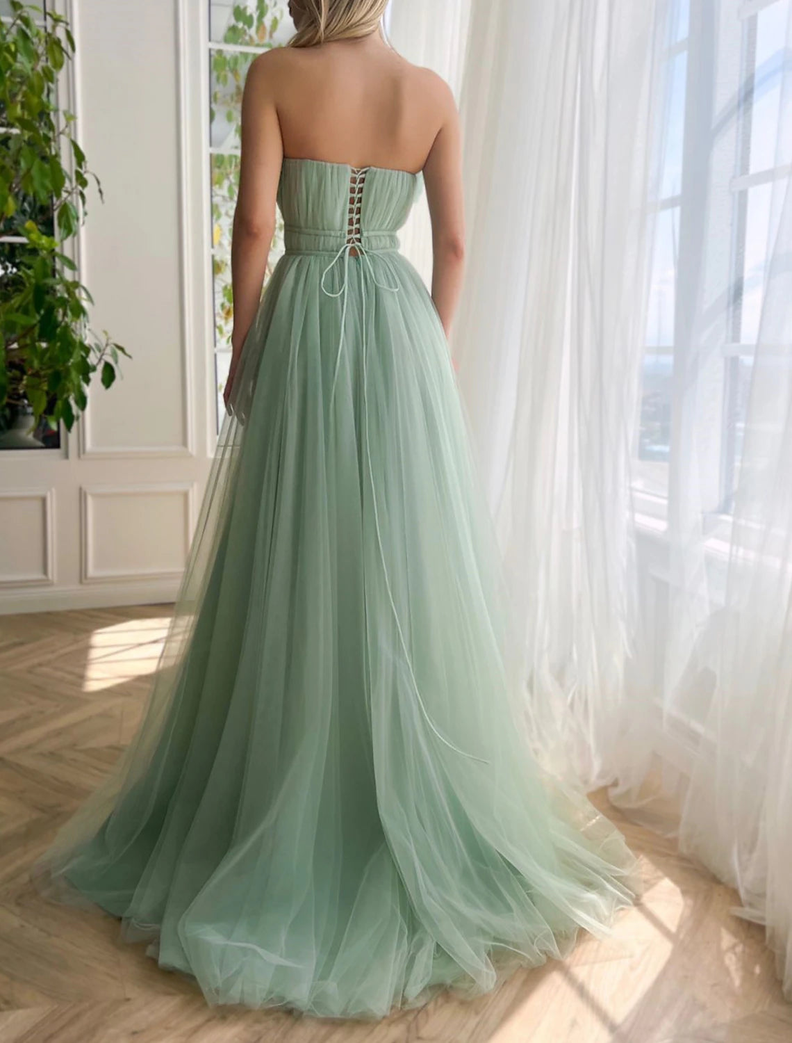Wholesale A-Line Evening Gown Floral Dress Formal Wedding Guest Court Train Sleeveless Strapless Tulle with Bow(s) Slit