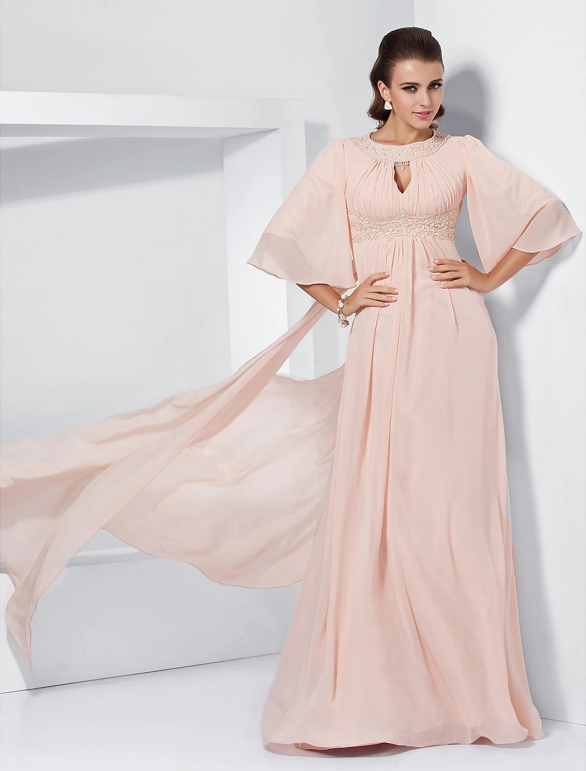 Wholesale  A-Line Special Occasion Dresses Elegant Dress Wedding Guest Formal Evening Sweep / Brush Train Half Sleeve Jewel Neck Chiffon with Beading Draping