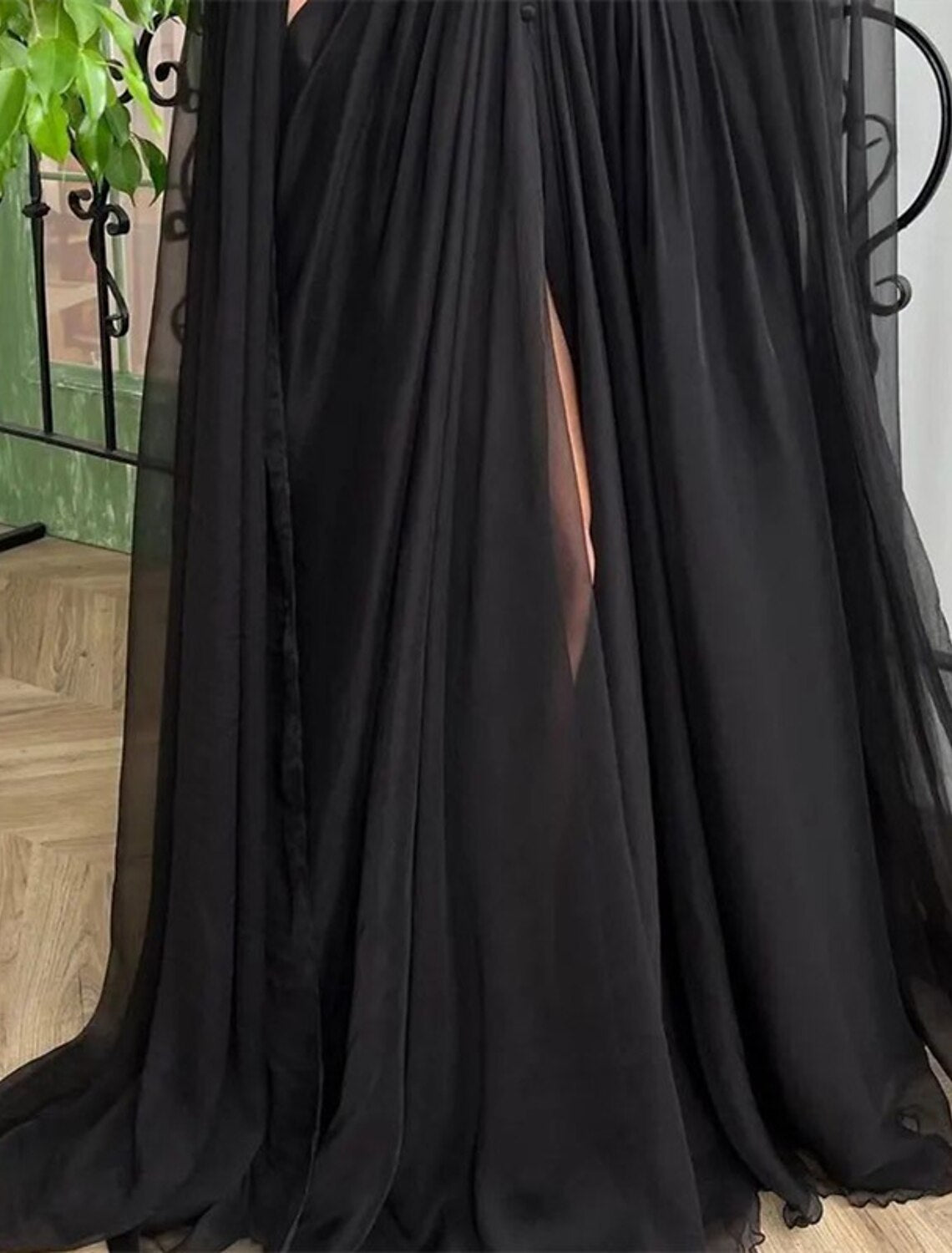 Wholesale A-Line Evening Gown Sexy Dress Formal Wedding Guest Court Train Long Sleeve V Neck Wednesday Addams Family Chiffon with Buttons Slit Appliques