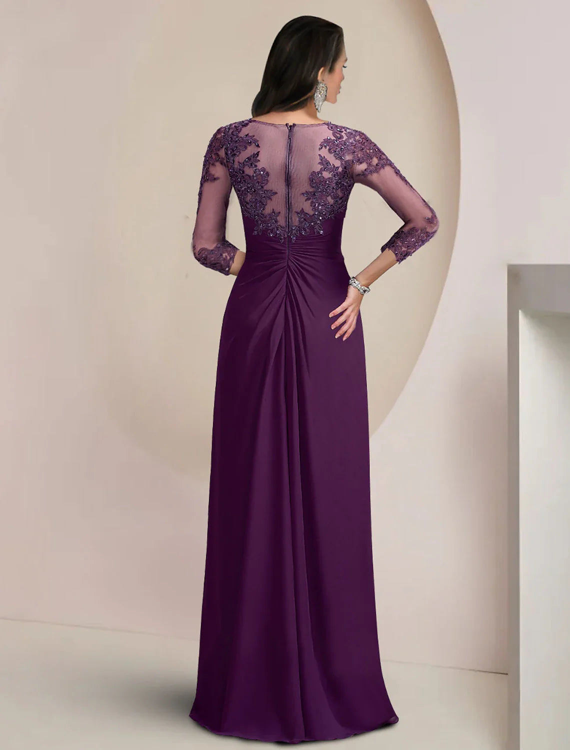 Wholesale Sheath / Column Mother of the Bride Dress Formal Fall Wedding Guest Elegant Sequin Scoop Neck Floor Length Chiffon Lace 3/4 Sleeve with Appliques Sparkle & Shine