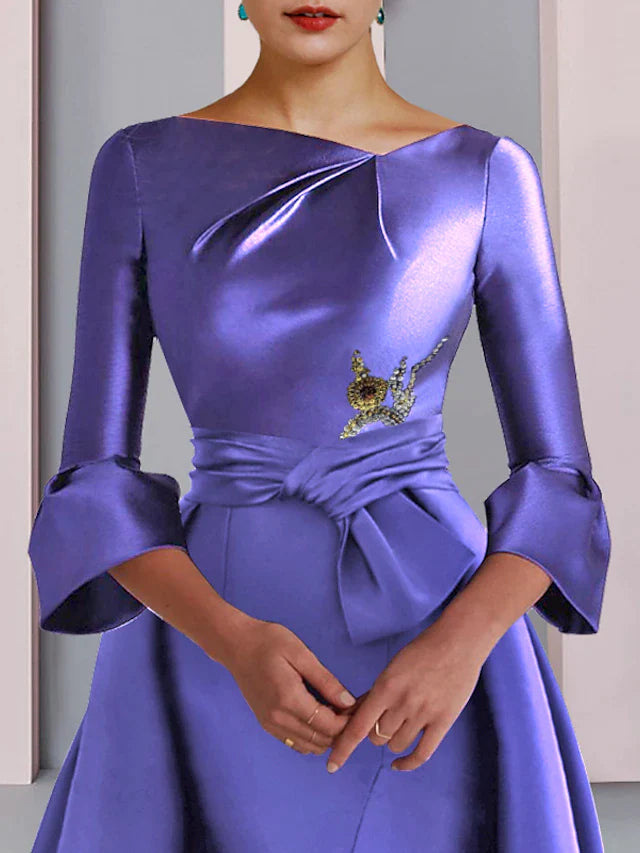 Wholesale A-Line Mother of the Bride Dress Formal Party Elegant Scoop Neck Floor Length Satin 3/4 Length Sleeve with Bow(s) Pleats Embroidery