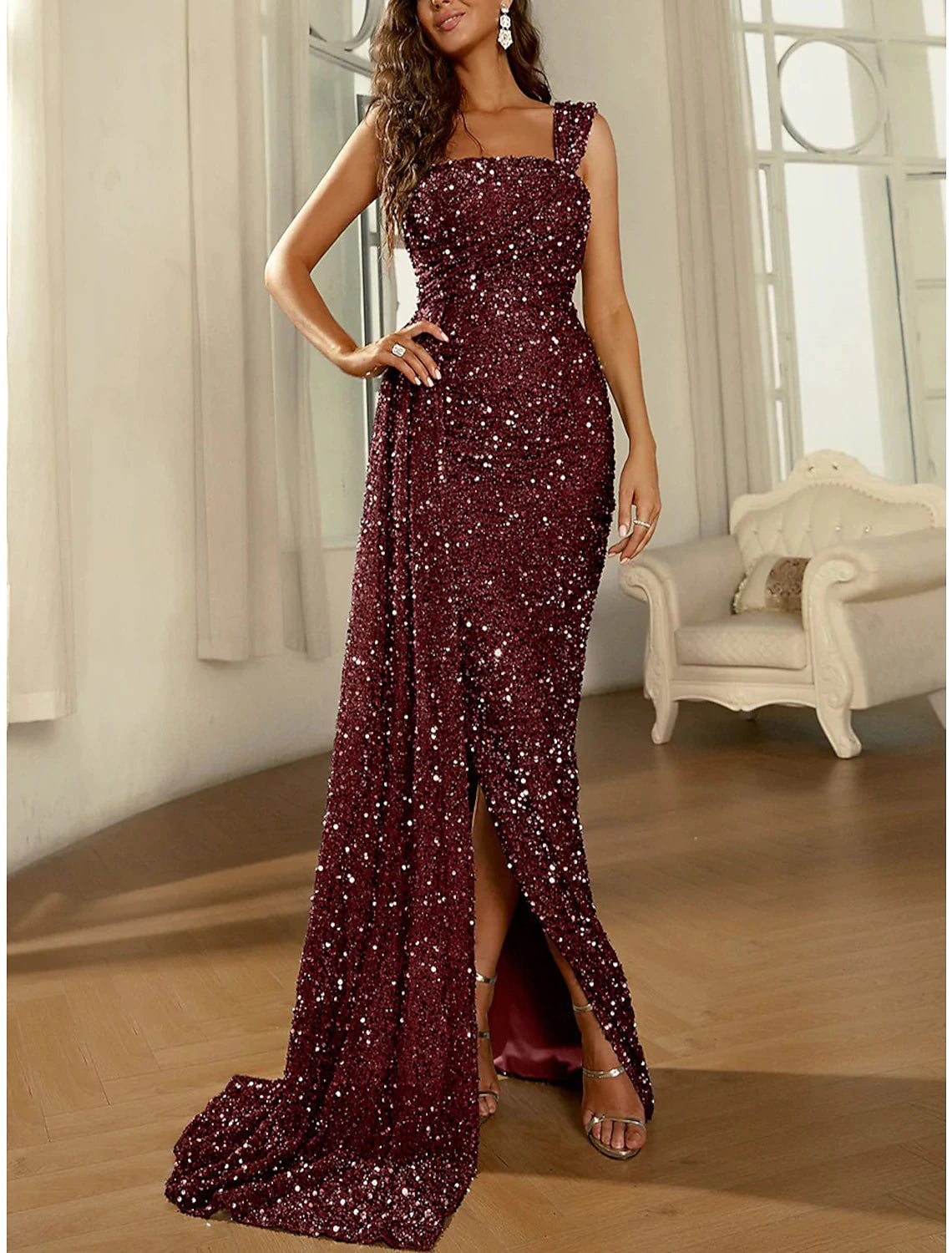 Wholesale Women's Silver Sequin Dress Prom Dress Party Dress Sparkly Dress Long Dress Maxi Dress Silver Wine Sleeveless Sparkly Glitter Summer One Shoulder Fashion