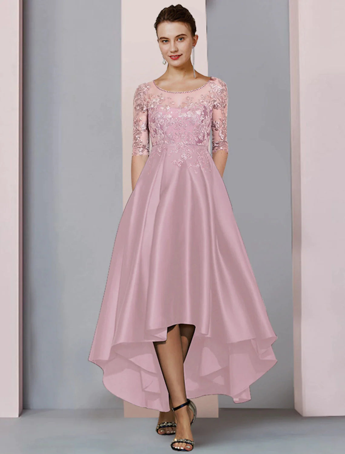 Wholesale A-Line Mother of the Bride Dress Formal Wedding Guest Party Elegant High Low Scoop Neck Asymmetrical Tea Length Satin Lace Half Sleeve with Pleats Beading Appliques