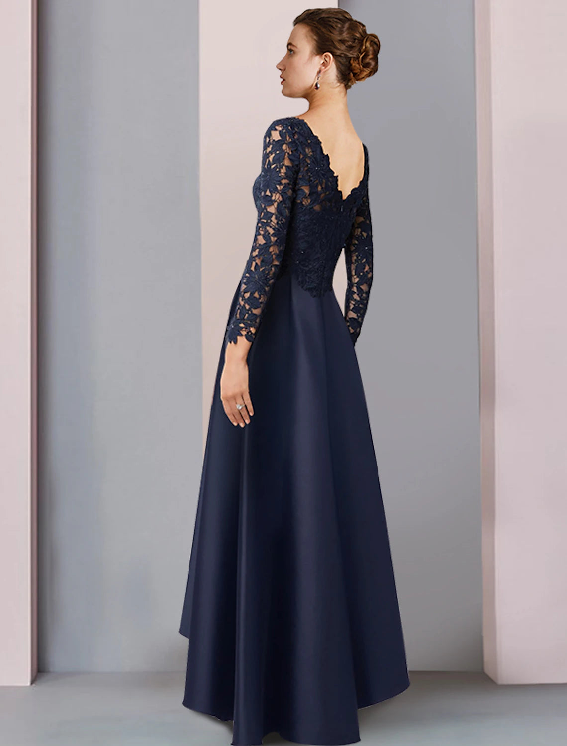 Wholesale  A-Line Mother of the Bride Dress Formal Wedding Guest Elegant High Low V Neck Asymmetrical Tea Length Satin Lace Long Sleeve with Pleats Appliques