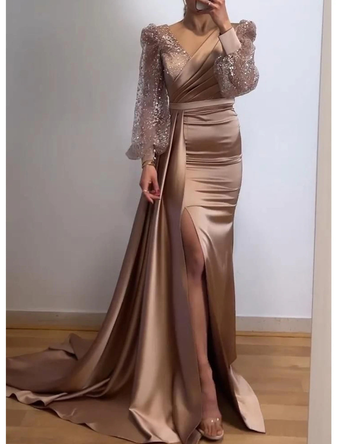 Wholesale Mermaid / Trumpet Evening Gown Sparkle & Shine Dress Formal Court Train Long Sleeve V Neck Fall Wedding Guest Charmeuse with Sequin Slit