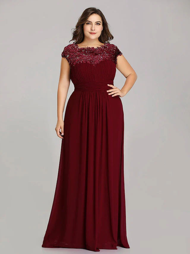 Wholesale A-Line Mother of the Bride Dress Plus Size Jewel Neck Floor Length Chiffon Short Sleeve with Lace Ruching
