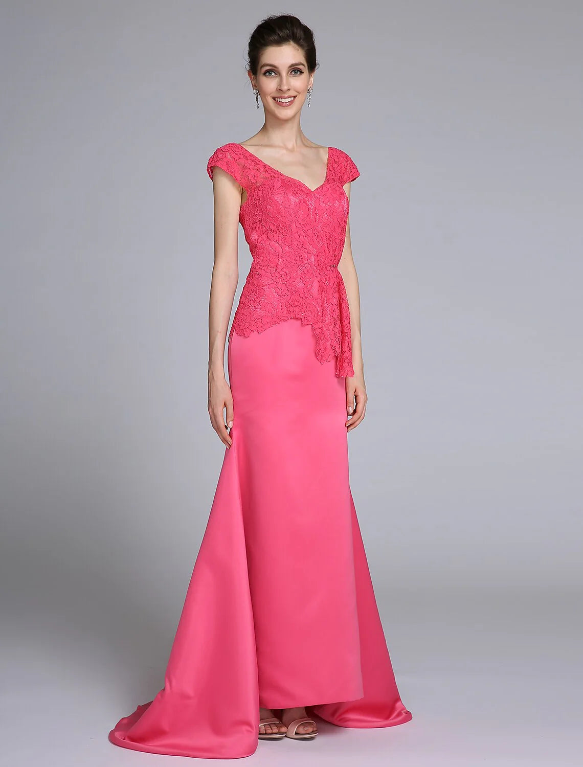 Wholesale Mermaid / Trumpet Mother of the Bride Dress Elegant V Neck Sweep / Brush Train Satin Lace Short Sleeve No with Lace