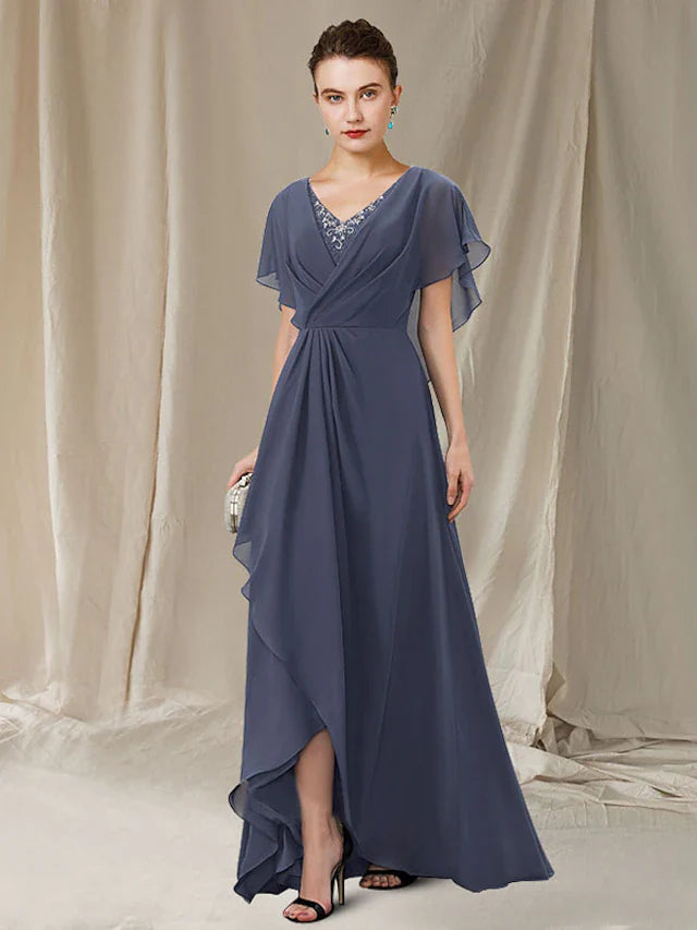 Wholesale A-Line Mother of the Bride Dress Elegant High Low V Neck Sweep / Brush Train Asymmetrical Chiffon Short Sleeve with Lace Cascading Ruffles