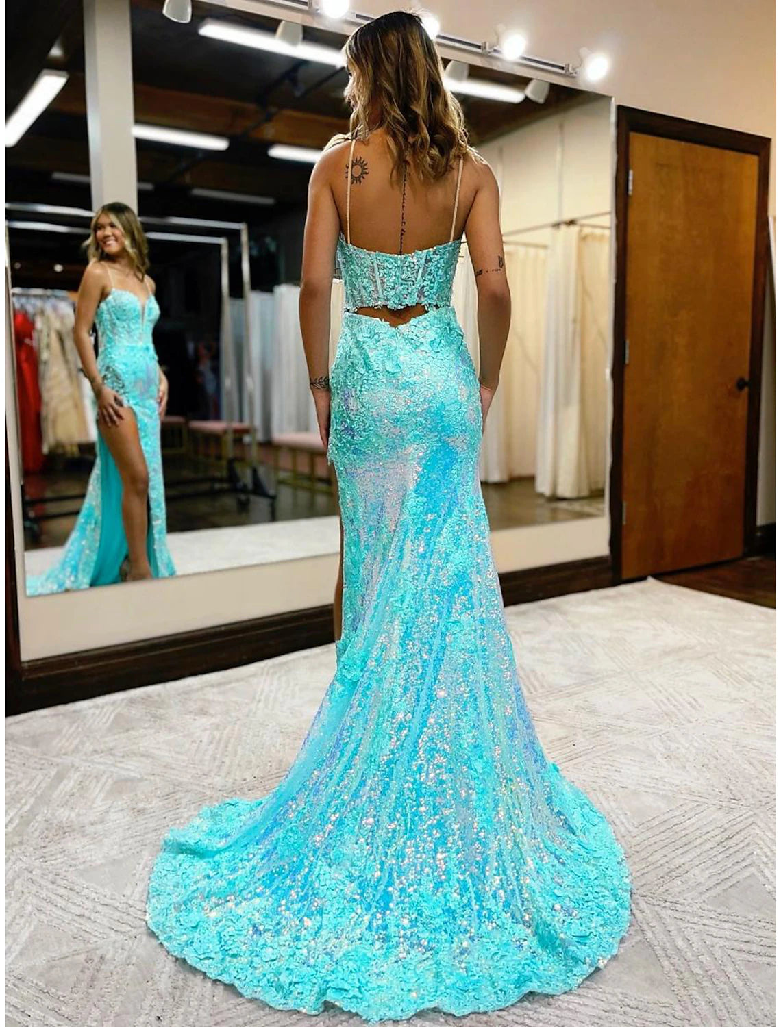 Wholesale  Mermaid / Trumpet Prom Dresses High Split Dress Formal Wedding Party Court Train Sleeveless V Neck Sequined with Slit Appliques