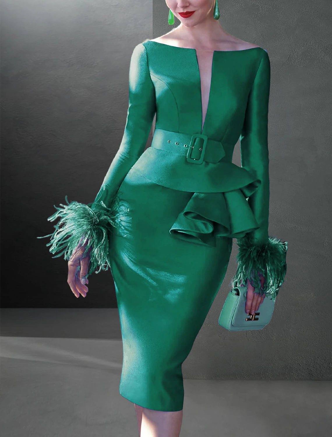 Wholesale Sheath Tea Length Party wedding guest Dress Cocktail Black Elegant Formal Fall Knee Length Long Sleeve V Neck Belt / Sash Stretch Fabric with Feather Ruffles