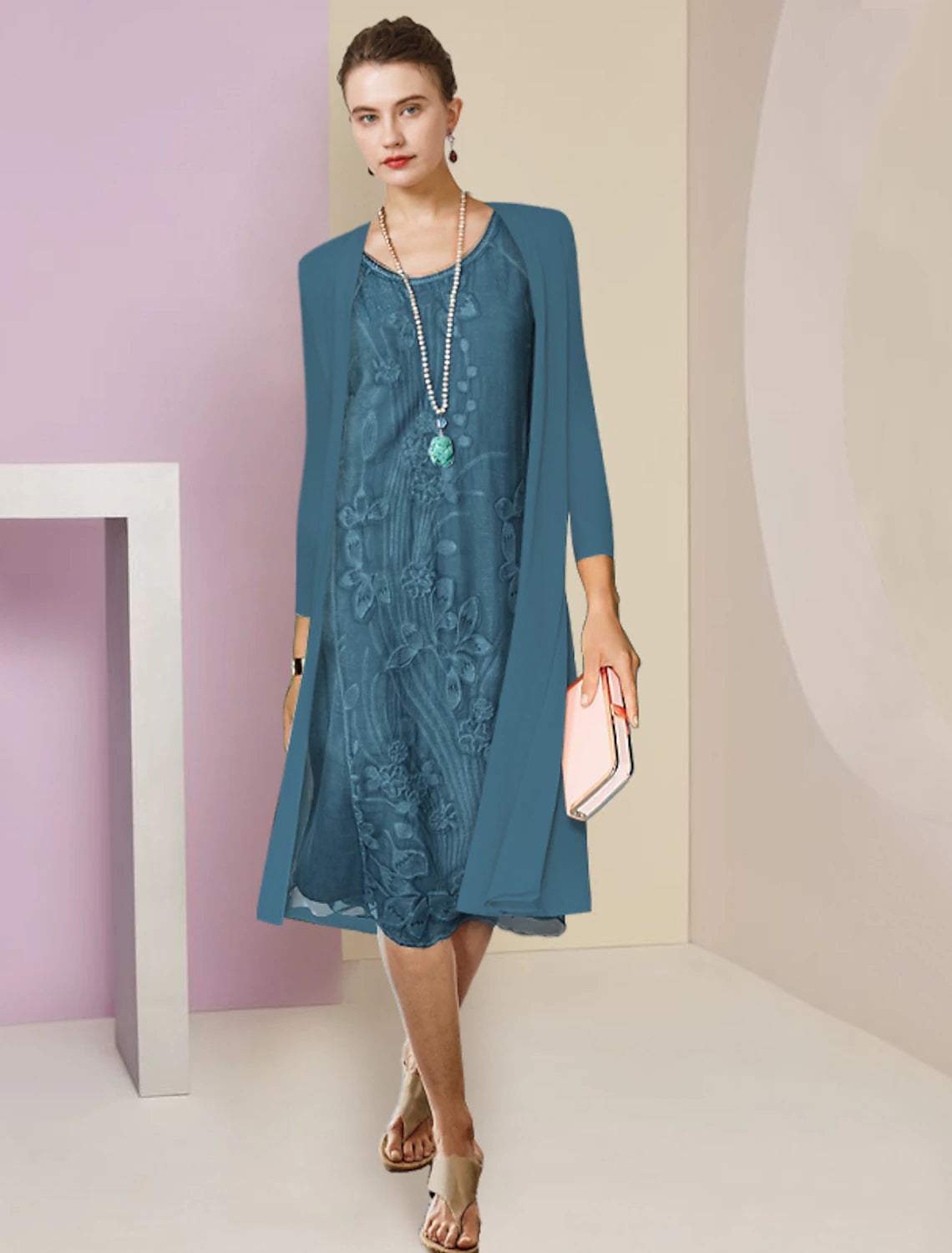 Wholesale  Two Piece Sheath / Column Mother of the Bride Dress Formal Wedding Guest Elegant Scoop Neck Knee Length Chiffon Lace Half Sleeve Jacket Dresses with Appliques