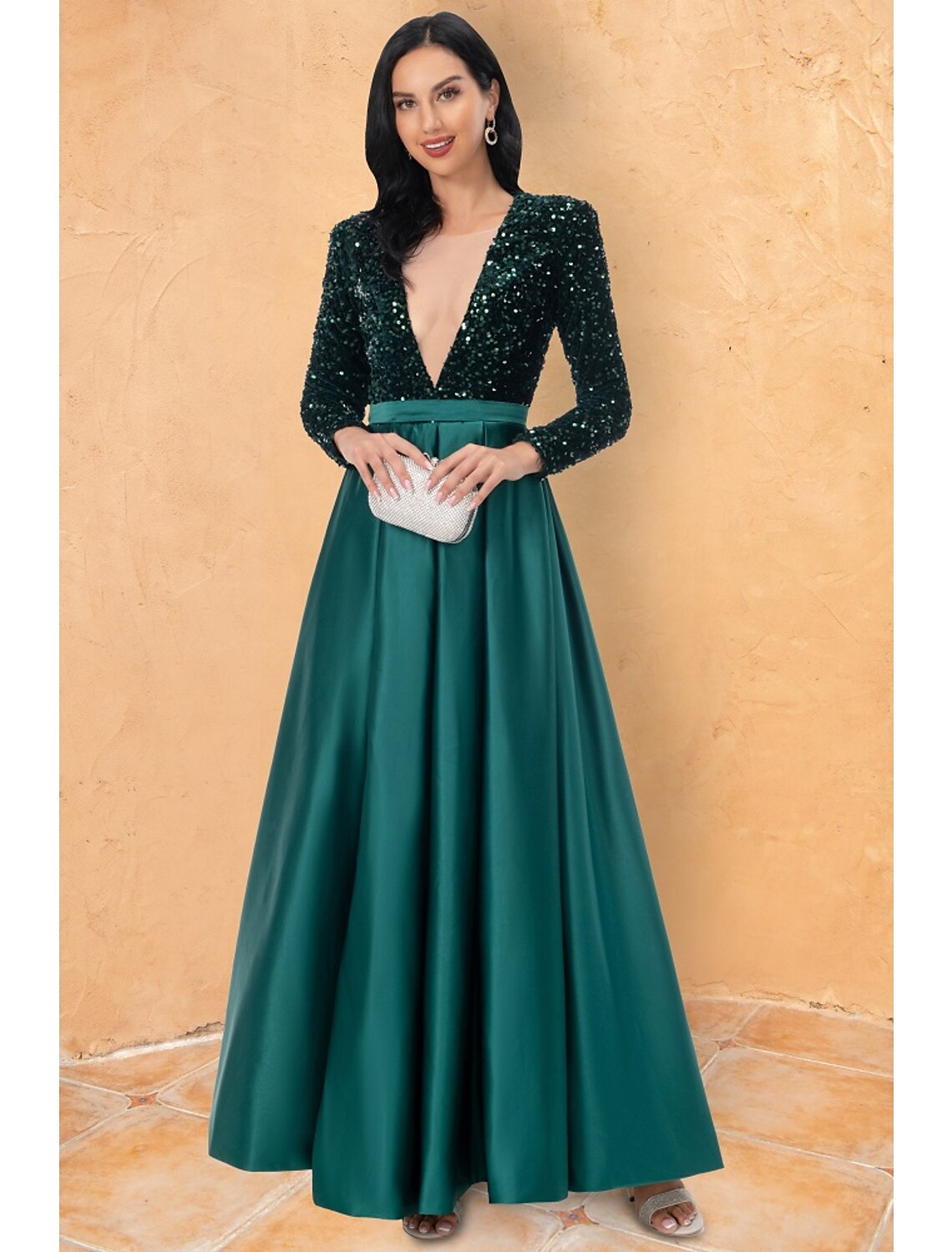 Wholesale Ball Gown Cocktail Dresses Sparkle & Shine Dress Wedding Party Floor Length Long Sleeve V Neck Sequined with Sequin