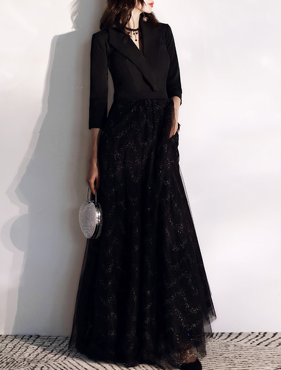 Wholesale A-Line Glittering Elegant Wedding Guest Formal Evening Dress V Neck 3/4 Length Sleeve Floor Length Tulle with Sash / Ribbon Sequin