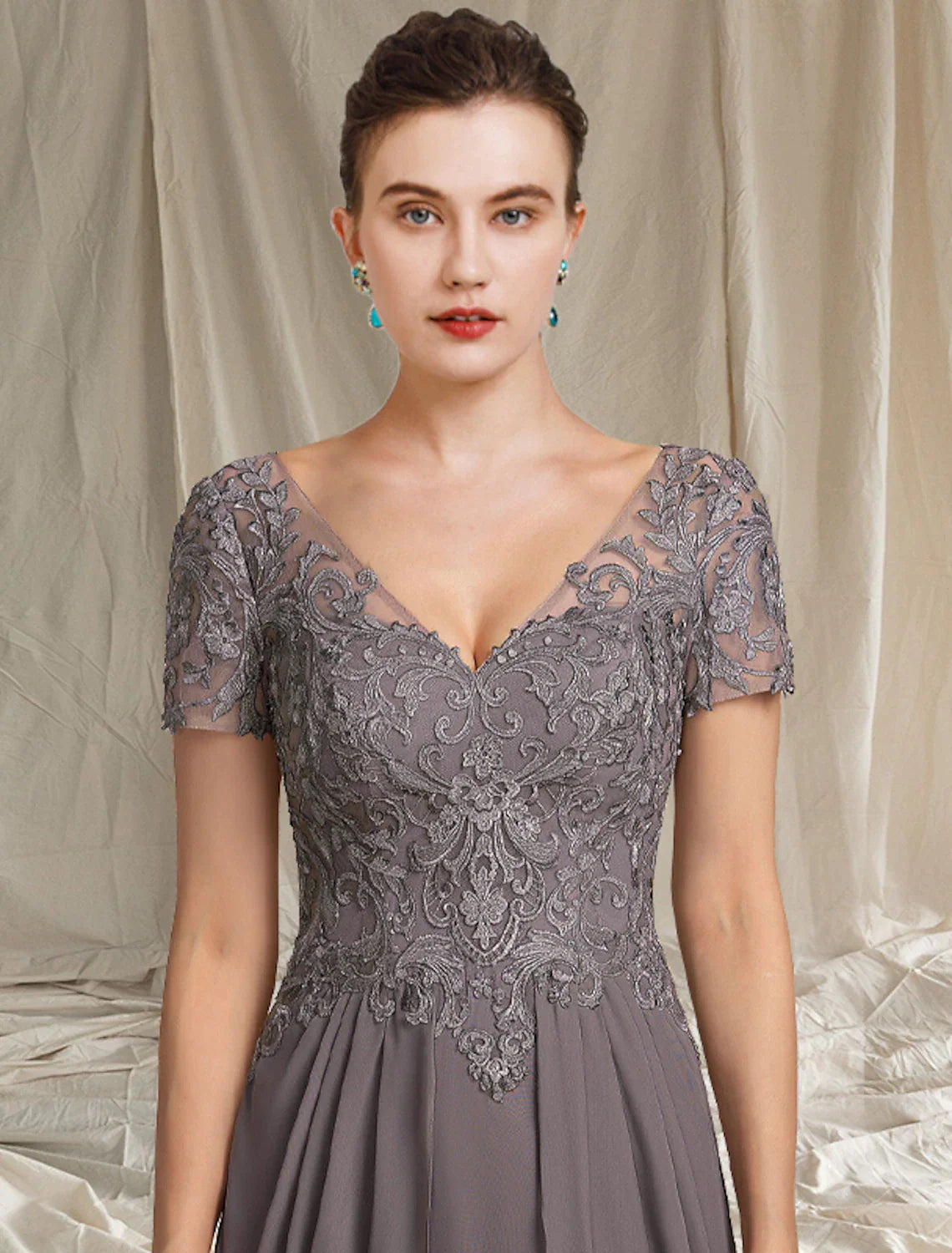 Wholesale A-Line Mother of the Bride Dress Elegant V Neck Tea Length Chiffon Lace Short Sleeve with Pleats Appliques