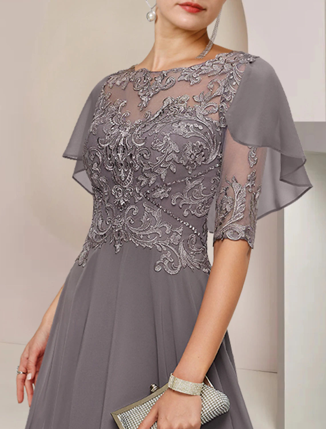Wholesale  A-Line Mother of the Bride Dress Formal Fall Wedding Guest Elegant Scoop Neck Asymmetrical Tea Length Chiffon Lace Half Sleeve with Beading Appliques