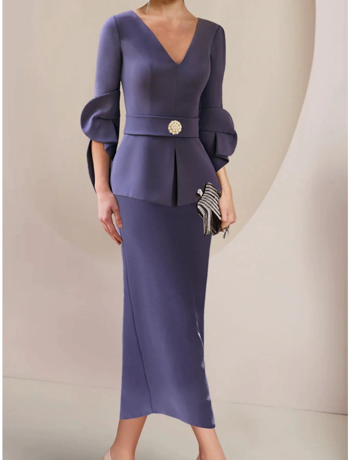 Wholesale A-Line Mother of the Bride Dress Wedding Guest Elegant V Neck Ankle Length Stretch Fabric Half Sleeve with Crystal Brooch Ruching