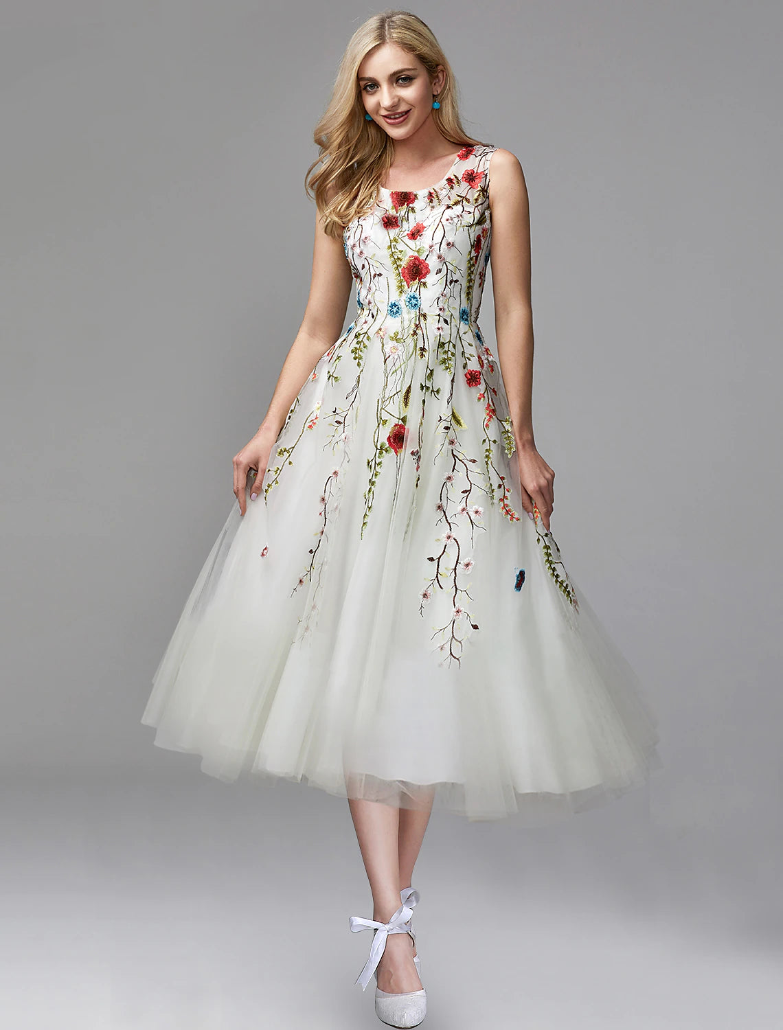 Wholesale  A-Line Prom Dresses Floral Dress Engagement Formal Evening Tea Length Sleeveless Jewel Neck Chiffon with Lace Insert Appliques