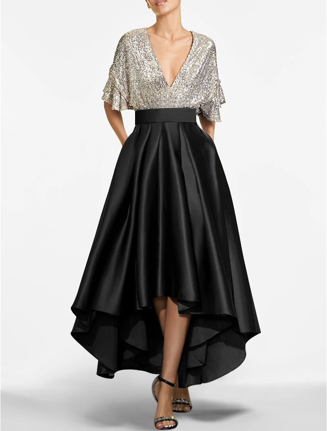 Wholesale A-Line Cocktail Dresses Red Green Dress Cocktail Party Semi Formal Asymmetrical Short Sleeve Jewel Neck Fall Wedding Guest Satin with Sequin