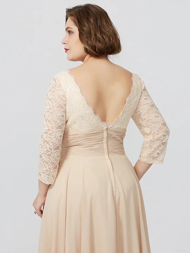 Wholesale Sheath / Column Mother of the Bride Dress Formal Classic & Timeless Elegant & Luxurious Plus Size Square Neck Floor Length Chiffon Metallic Lace 3/4 Length Sleeve No with Sash / Ribbon Flower